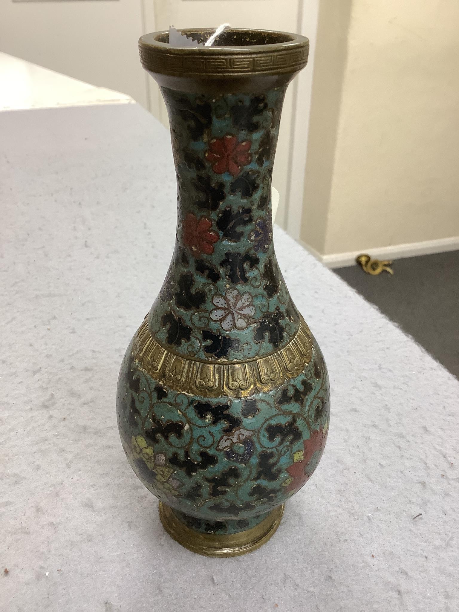 A Chinese cloisonné enamel and gilt bronze baluster vase, 17th/18th century, 19.5cm high, faults